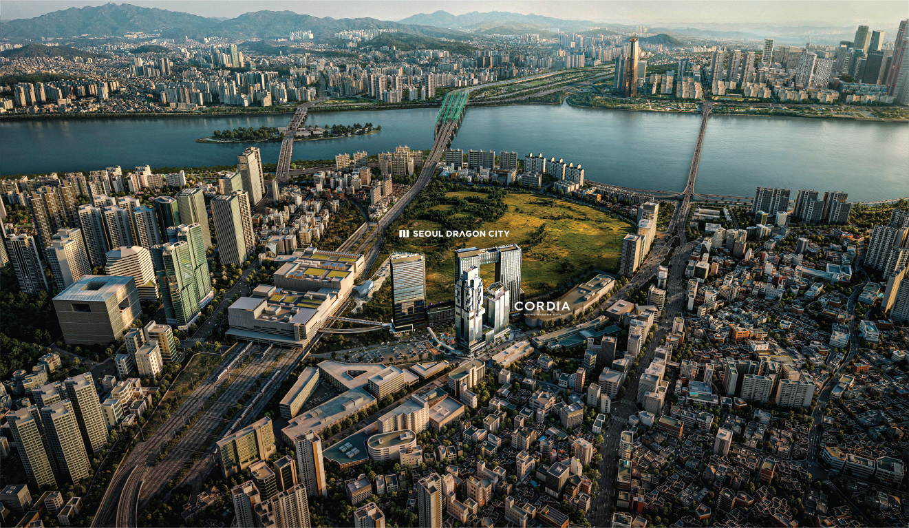 용산역, 서울드래곤시티와 코르디아의 위치를 보여주는 공식 조감 이미지